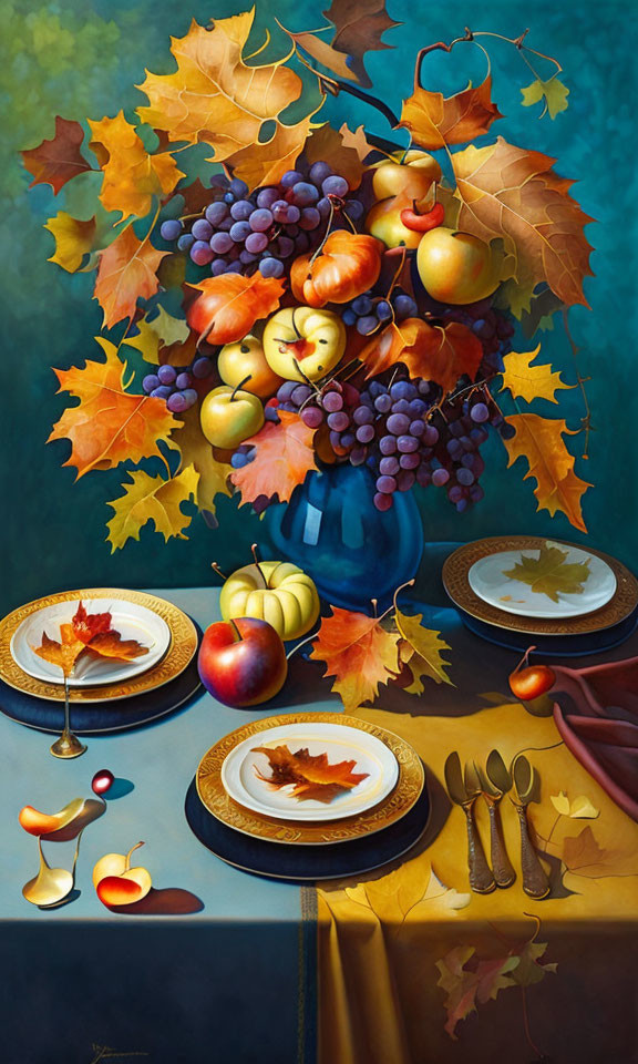 Autumn-themed still life painting with vase, fruit, leaves, plates, cutlery, and