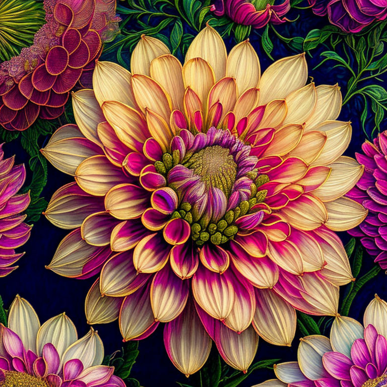 Detailed Digital Art: Large Vibrant Flower with Pink and Yellow Petals