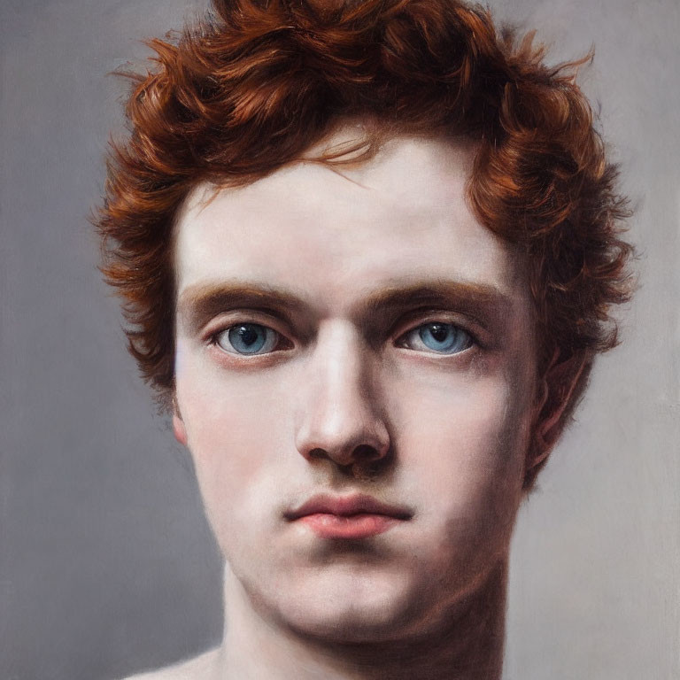 Young person with curly red hair and blue eyes portrait.