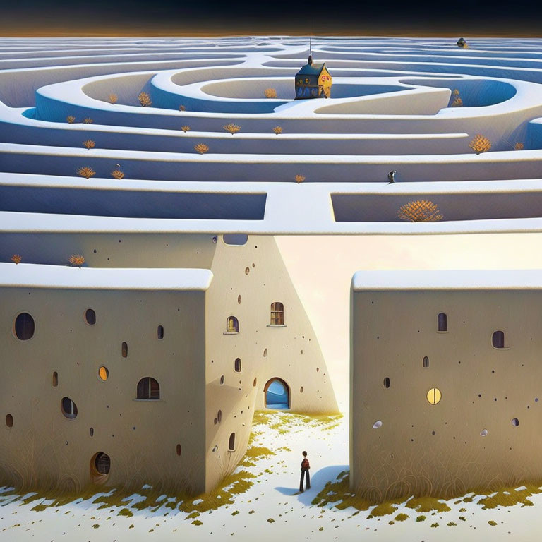 Top-View Labyrinth Artwork with Tiny Church and Interconnected Rooms