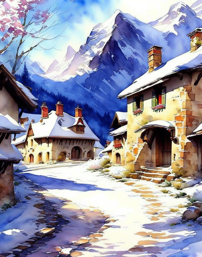 Snow-covered village with quaint houses and mountain backdrop in winter scene