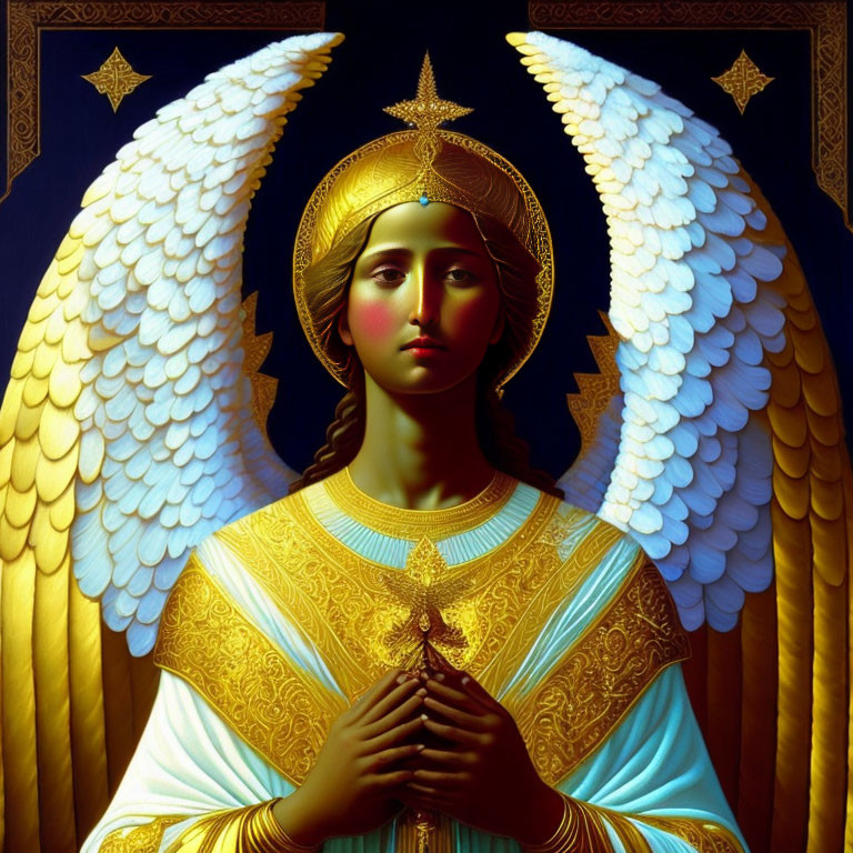 Golden halo angel in yellow robe praying against starry blue backdrop