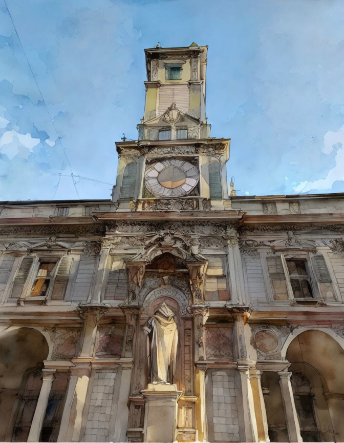 Historic clock tower with statue against cloudy sky.