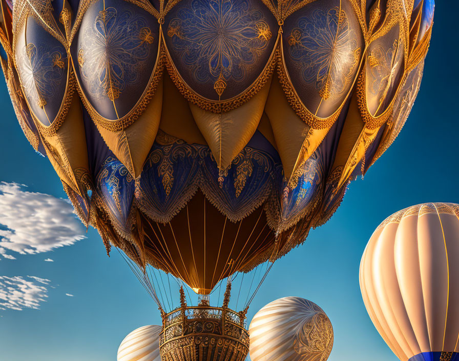 Intricate blue patterned hot air balloon in clear sky