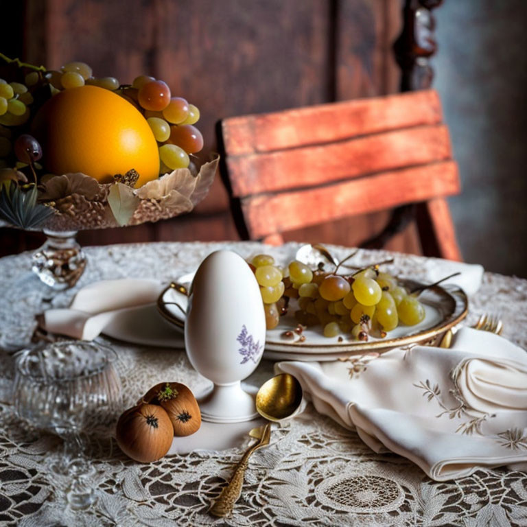 Elegant Table Setting with White Egg, Golden Cutlery, Fruits, and Lace Tablecloth