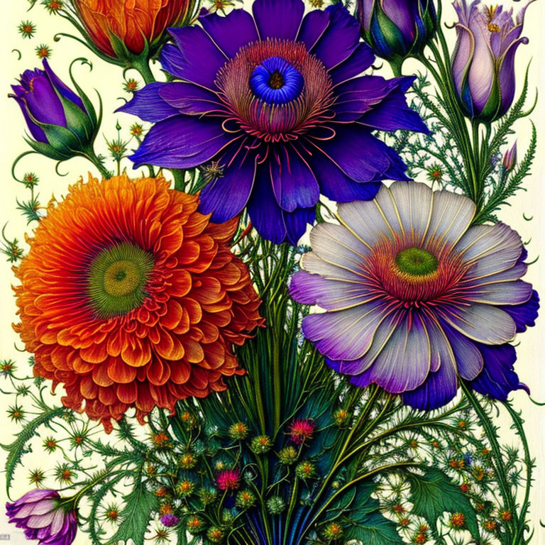 Colorful bouquet illustration with purple, orange, and white flowers on cream background