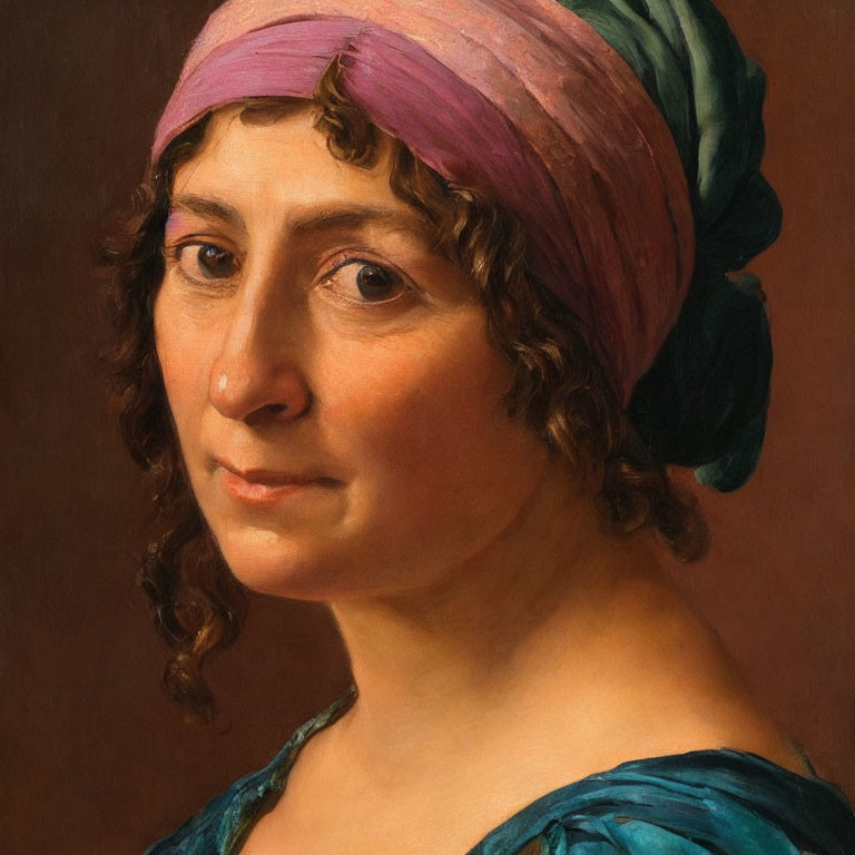 Woman in Pink Headscarf and Blue Dress with Soft Curls and Gentle Gaze