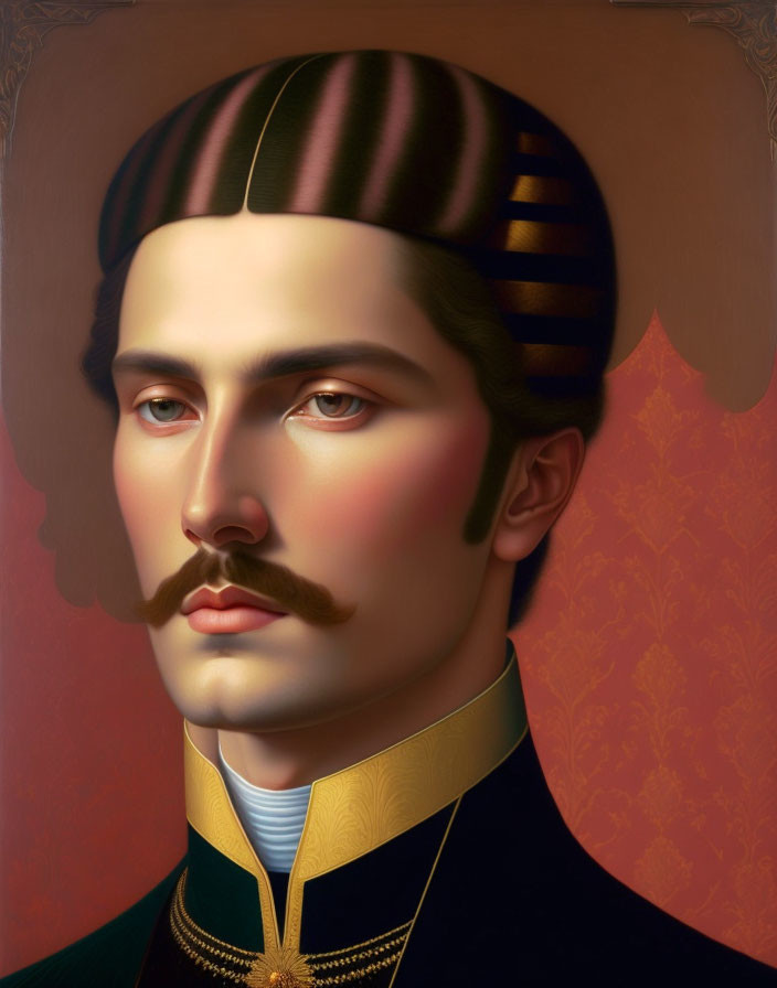 Stylized portrait of man with handlebar mustache in fez and ornate jacket