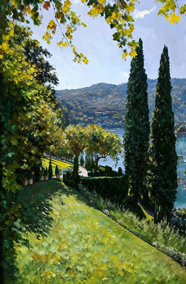 Tranquil lake view from lush hillside with cypress trees & colorful foliage