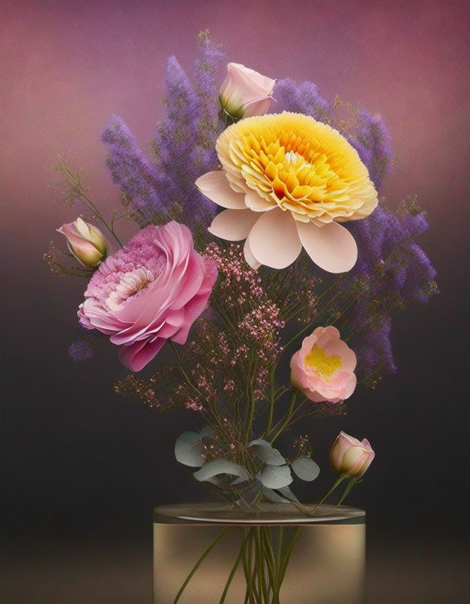 Large yellow bloom with pastel pink and delicate purple flowers on gradient background