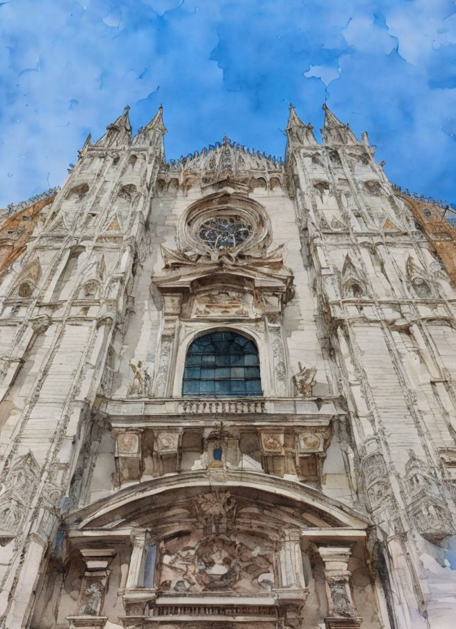 Gothic-style Cathedral Facade with Stone Carvings and Stained-Glass Window