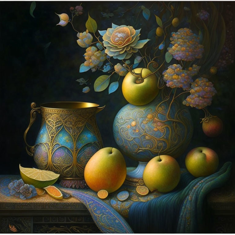 Ornate vases and ripe fruit in lush still life painting