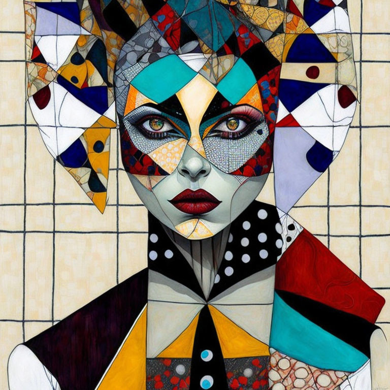 Vibrant Cubist-style Woman Portrait with Geometric Patterns