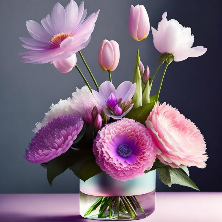 Pink and White Tulips and Peonies in Clear Vase on Purple Background