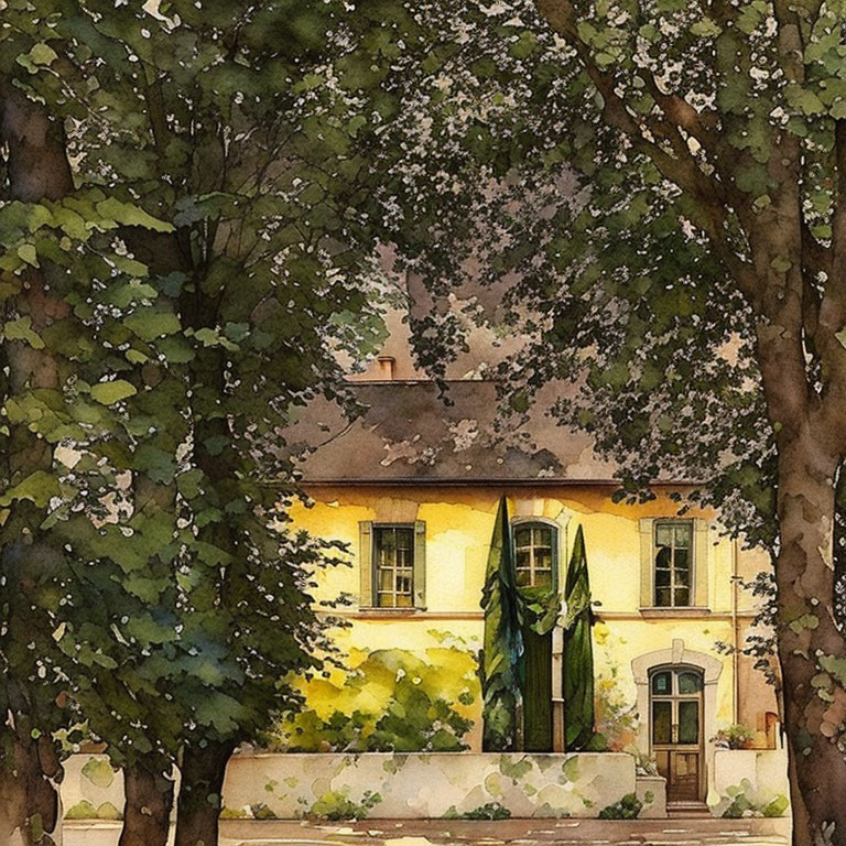 Yellow House with Green Shutters Among Lush Trees in Watercolor