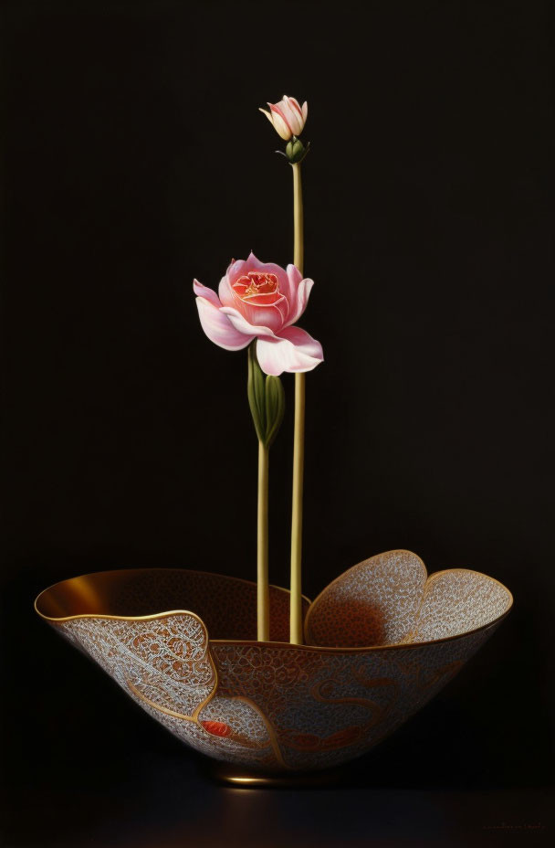 Pink Tulip in Full Bloom in Ornate Golden Bowl on Dark Background