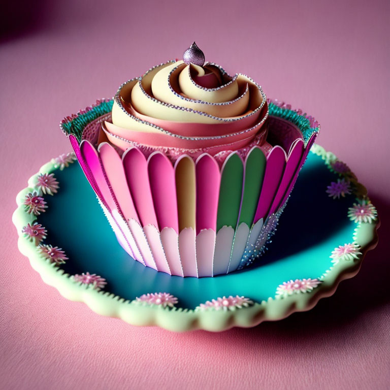 Whimsical paper art cupcake on teal plate with pink floral accents