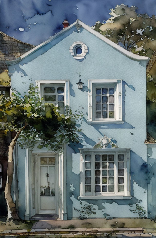 Blue two-story house with bay window, ornate door, greenery, and street lamp in water