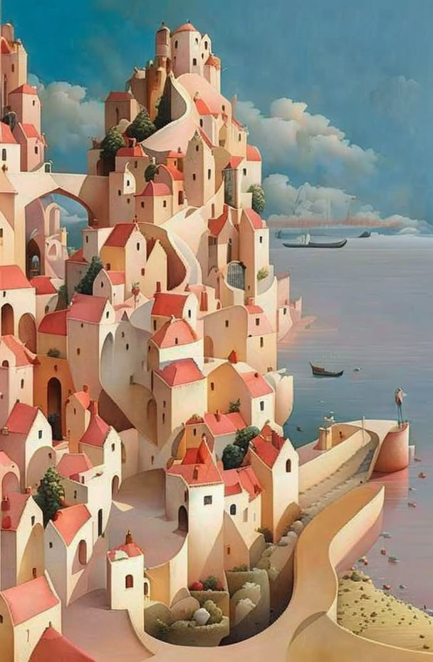 Fantastical cityscape with terracotta rooftops and serene sea backdrop