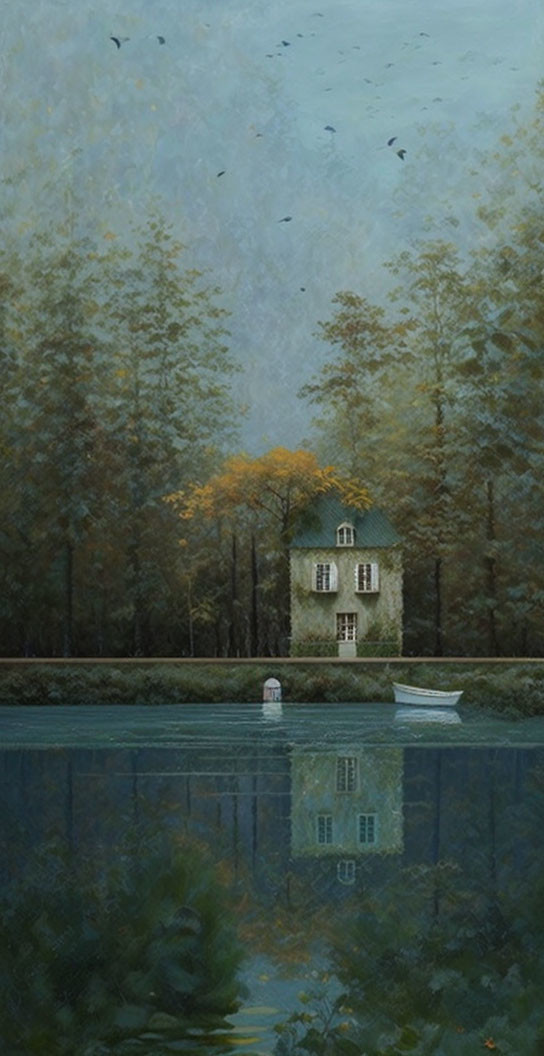 Tranquil autumn scene: white house by lake with red roof, surrounded by trees, boat,