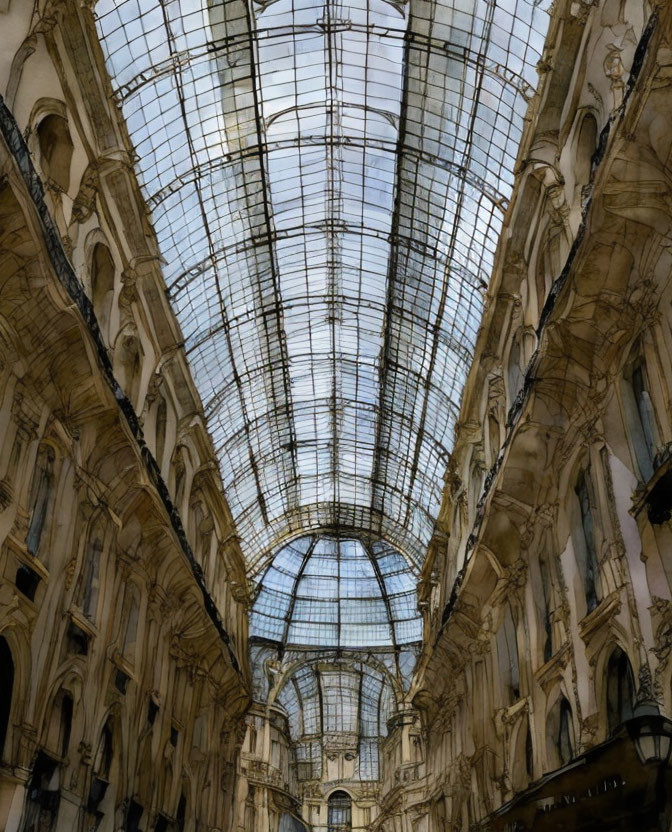 Elegant gallery with arched glass roof and ornate facade