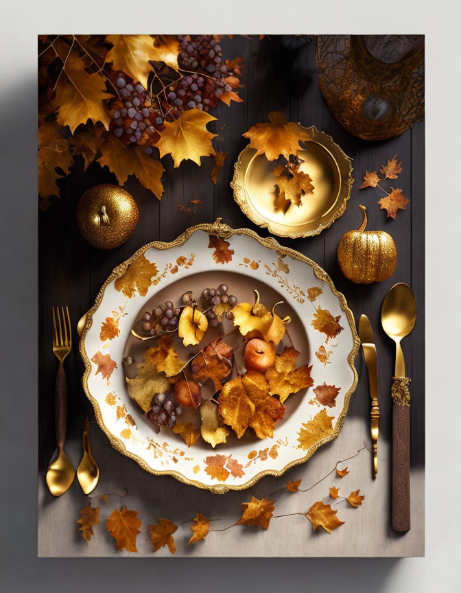 Golden dinnerware with fall decor on dark wooden table