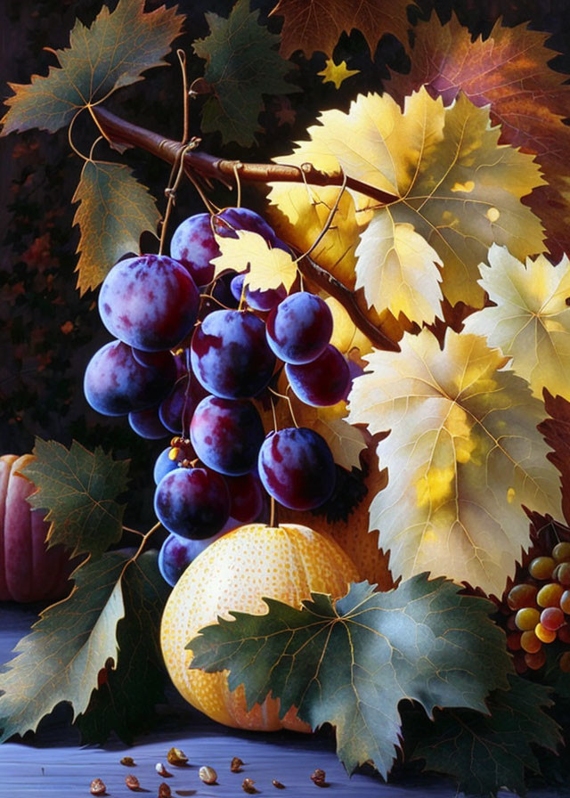 Ripe purple grapes, melon, nuts, and autumn leaves on dark background