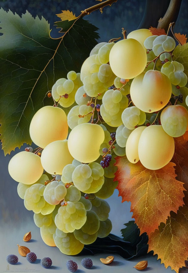 Realistic painting of ripe yellow grapes with leaves and seeds, hinting at autumn.