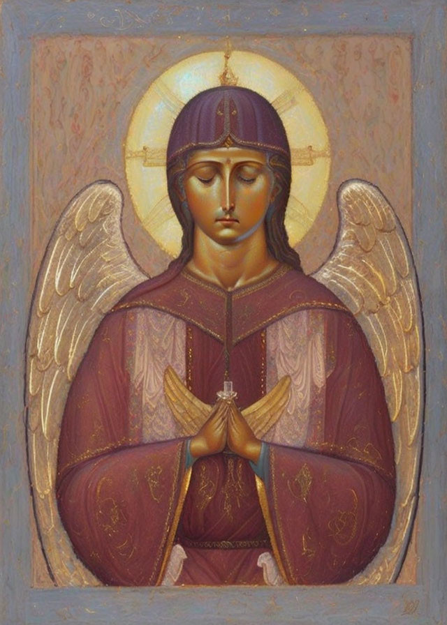 Serene angel icon in burgundy robe with sword on blue background