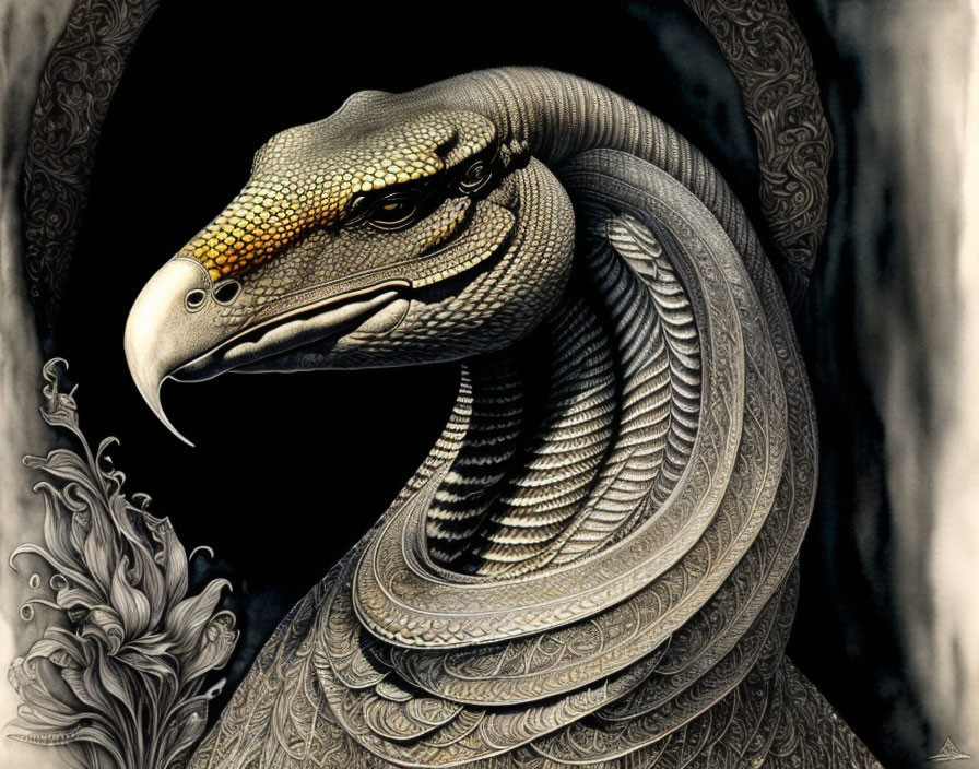 Mythical creature: eagle-headed serpent on dark background