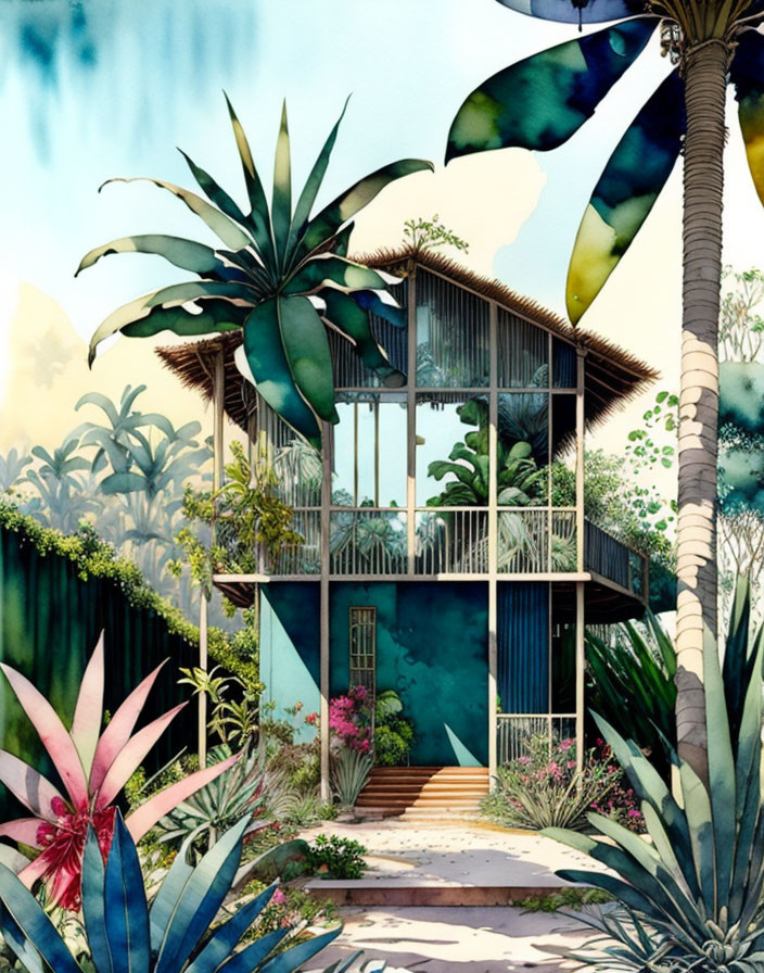 Colorful Watercolor Illustration of Tropical House with Pink Door