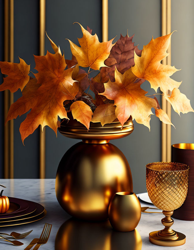 Golden Vase with Autumn Leaves on Table with Matching Decorative Items and Plates