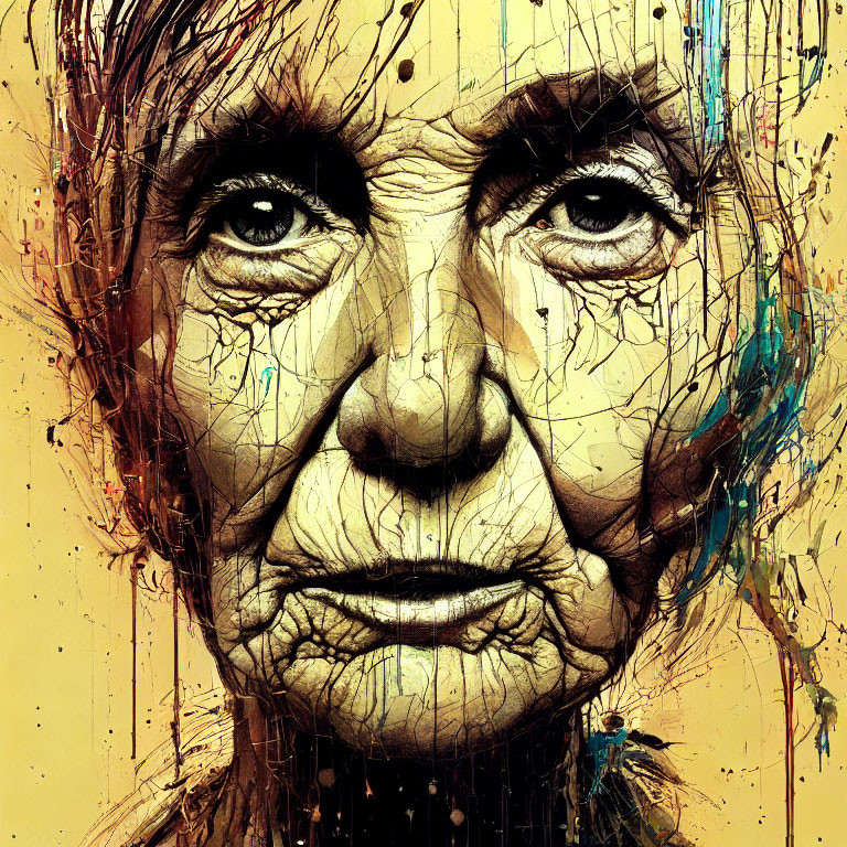 Detailed painting of elderly person's face with vibrant colors