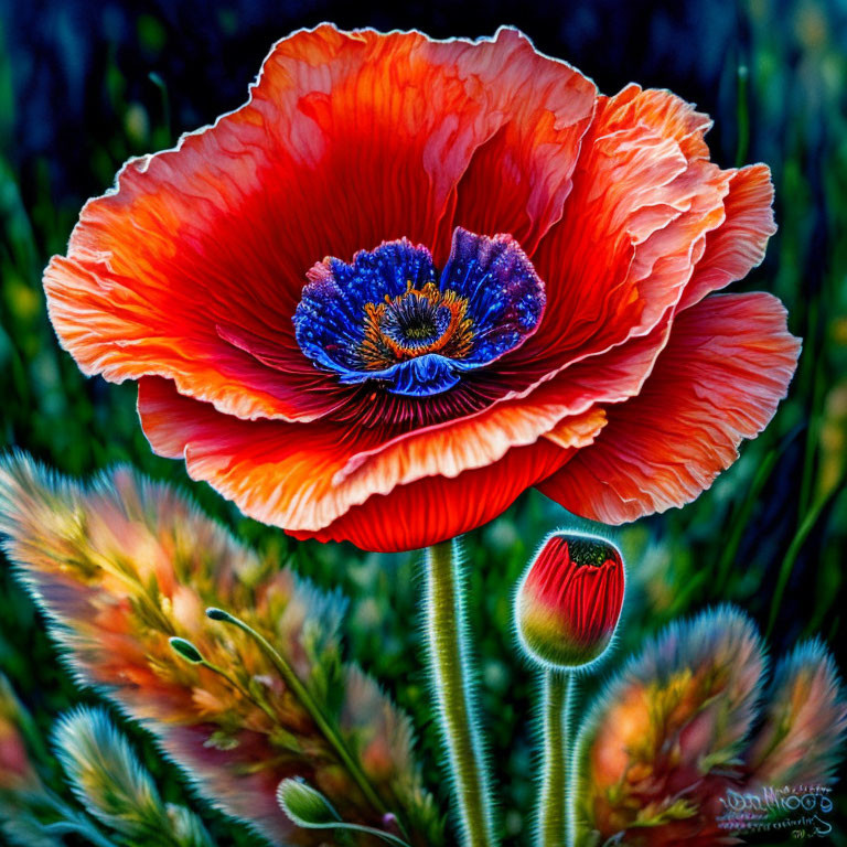 Vibrant red poppy with dark blue center against green foliage.