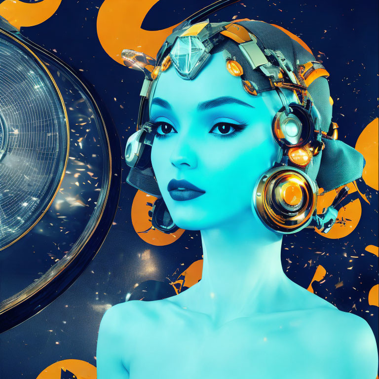 Blue-skinned female figure in futuristic attire with mechanical headpiece on starry backdrop.