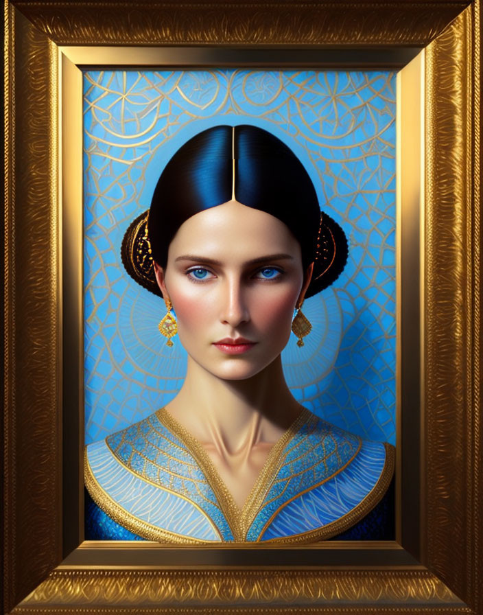 Woman Portrait with Dark Hair, Blue Dress, Gold Earrings & Ornate Golden Frame