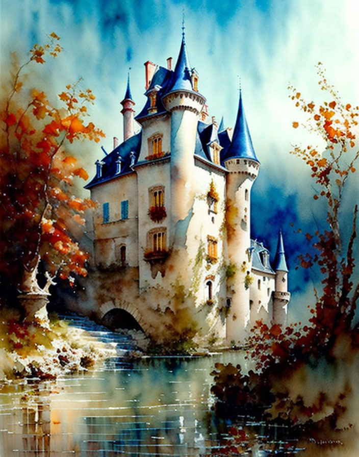 Enchanting castle with turrets in autumn setting.