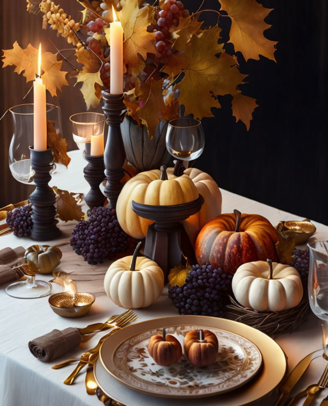 Autumnal table setting with lit candles, grapes, pumpkins & gold dinnerware