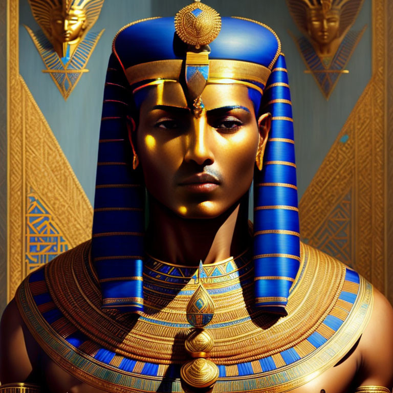 Ancient Egyptian Pharaoh with Traditional Headdress and Gold Jewelry