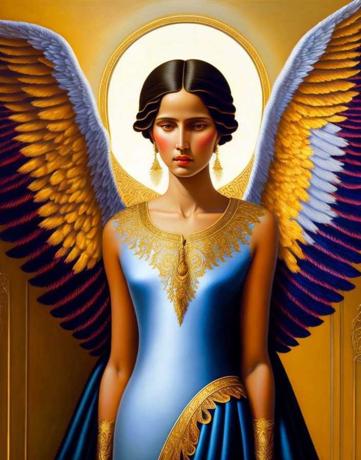 Woman with Angel Wings in Blue Dress on Golden Halo Background