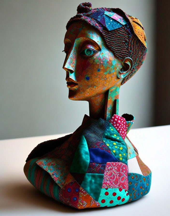 Colorful Mosaic-Patterned Bust of a Woman with Textured Skin and Serene Expression