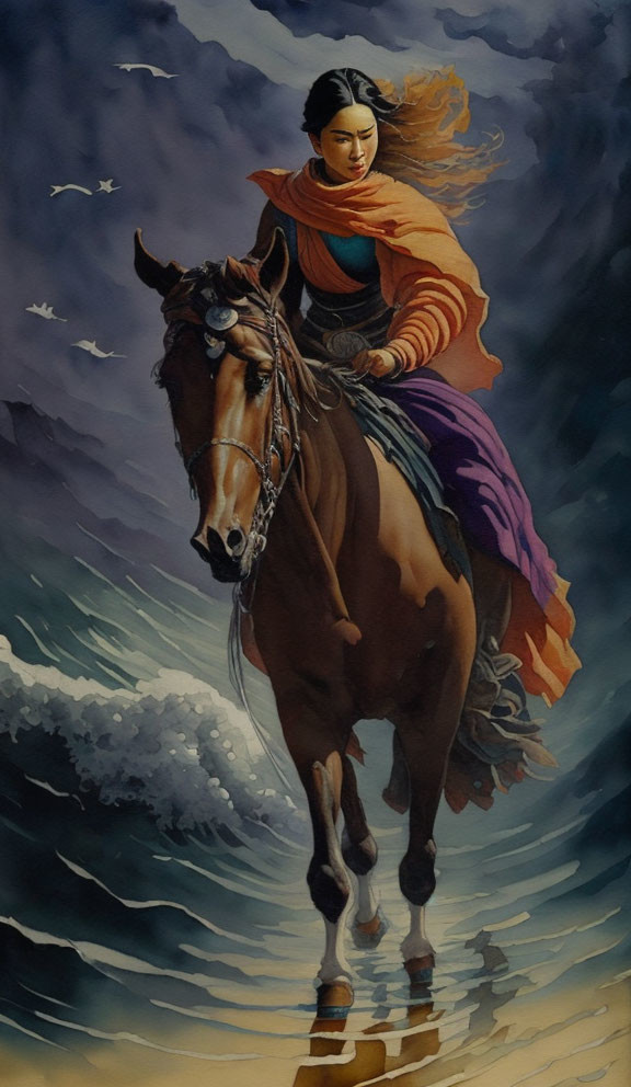 Focused woman riding brown horse through water under dark skies.