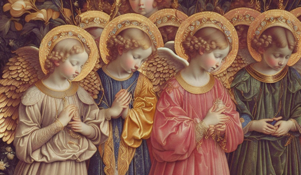 Three angels in prayer with golden halos and wings, wearing blue, gold, and green robes.