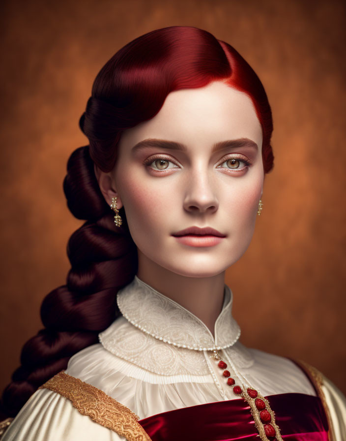 Portrait of Woman with Braided Updo, Red Hair, Green Eyes in Burgundy Dress