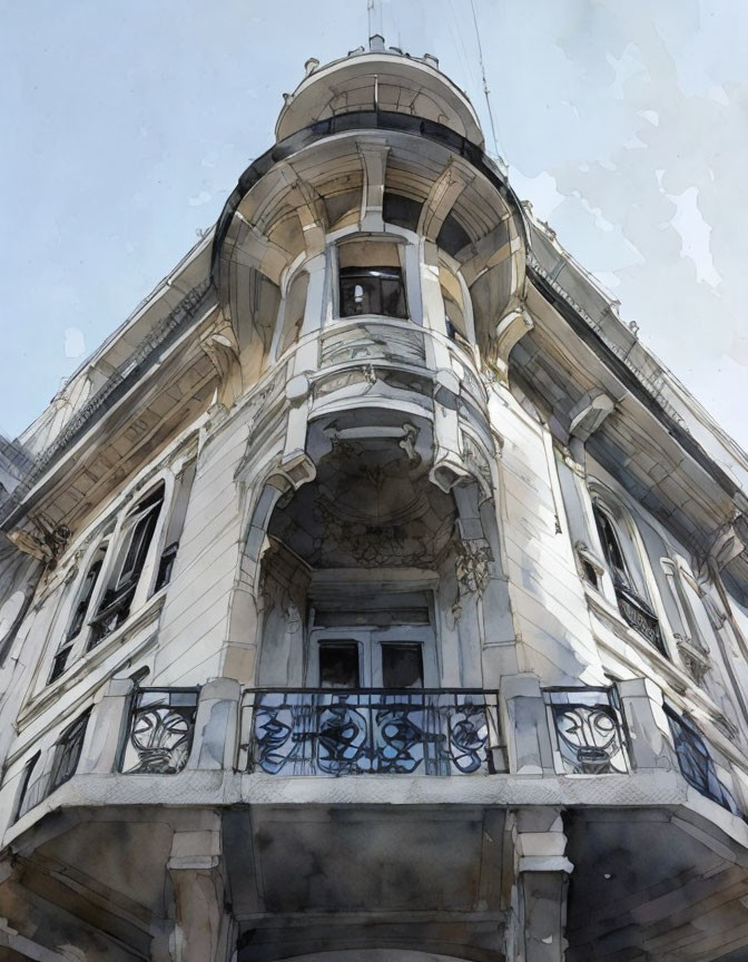 European-style building corner watercolor painting with balconies and rounded facade.