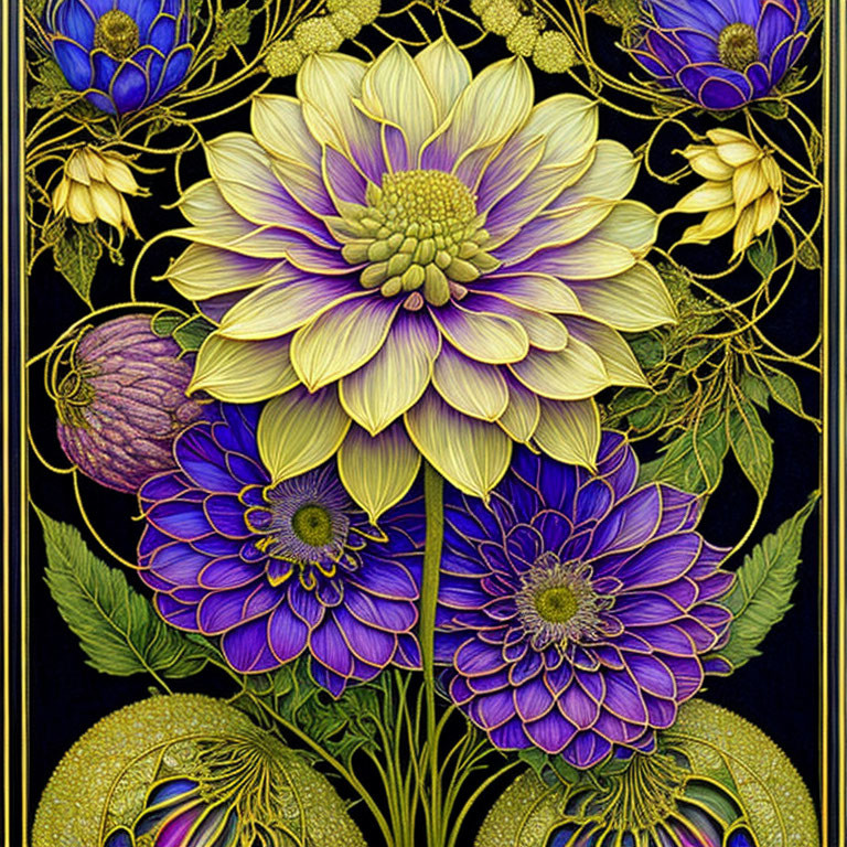 Detailed Floral Illustration with Yellow Bloom and Purple Florals on Dark Background