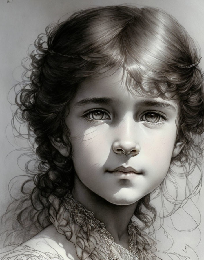 Young girl pencil portrait with curly hair and lace collar detail