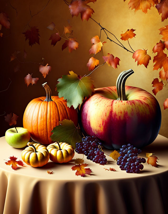 Autumnal fruits still life with pumpkins, apples, and grapes on draped table