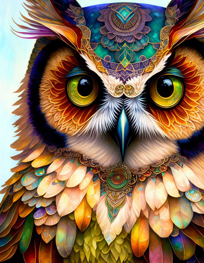 Colorful Owl Illustration with Jewel-like Adornments