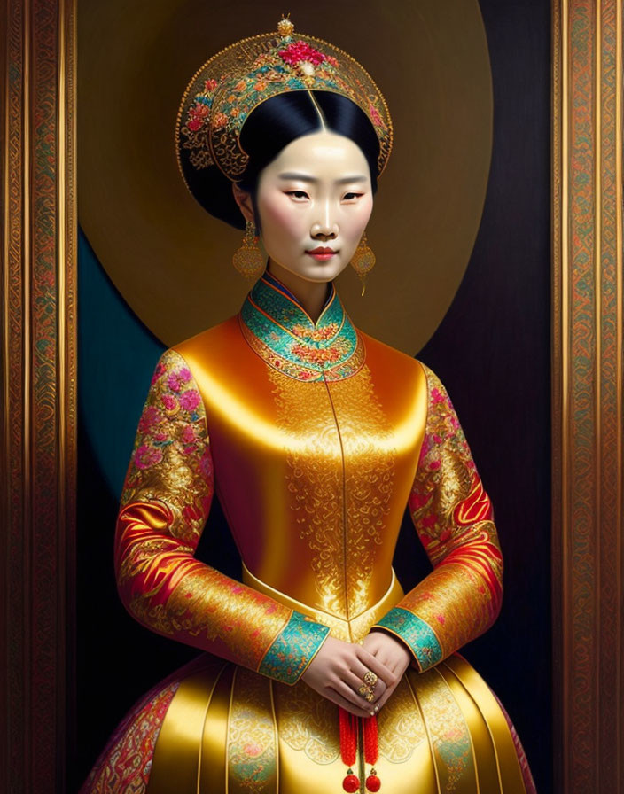 Traditional Asian Woman in Golden Robe and Headpiece on Dark Background